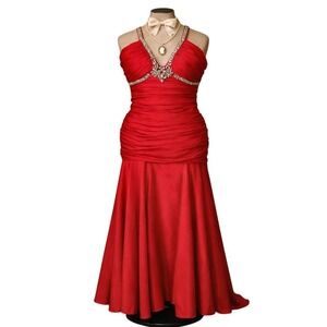 Mori Lee Madeline Gardner Red Y2K Embellished Halter Mermaid Gown‎ Formal Dress